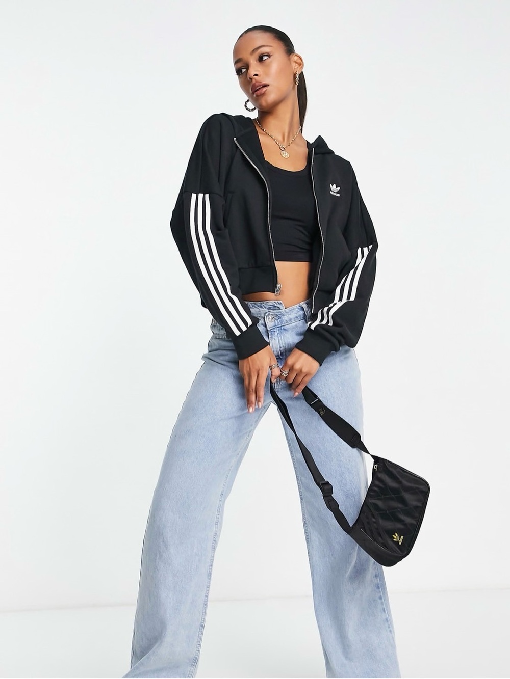 adidas Cropped Striped Track Jacket in Black & White Size Medium NWT